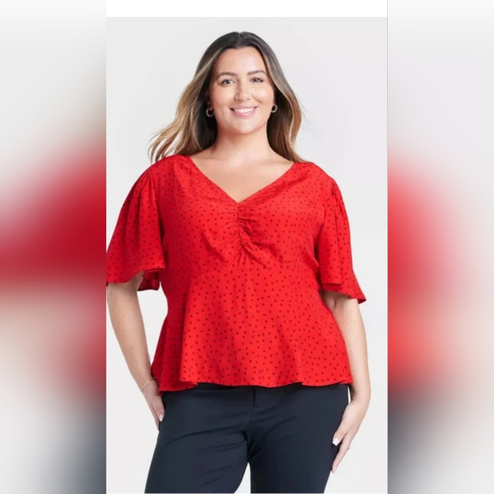 2 For $20 Red‎ Polka Dot,Tie Back XXL Flutter Sleeve Women's Top